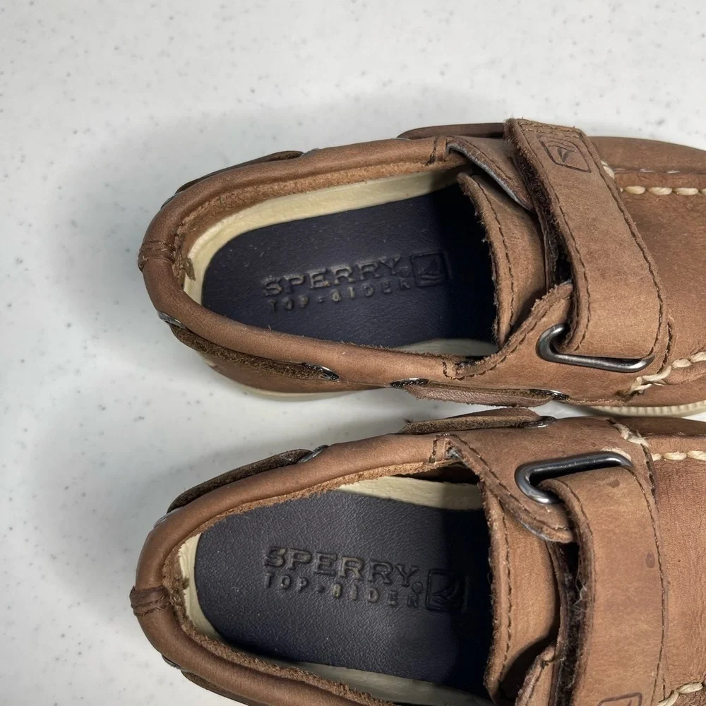 Sperry kids size 6M brown leather hook and loop top sider with removable insoles